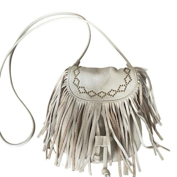 Lucky Brand Handbags - Lucky Brand Tan Taupe Leather Gold Studded Small Crossbody Fringe Purse